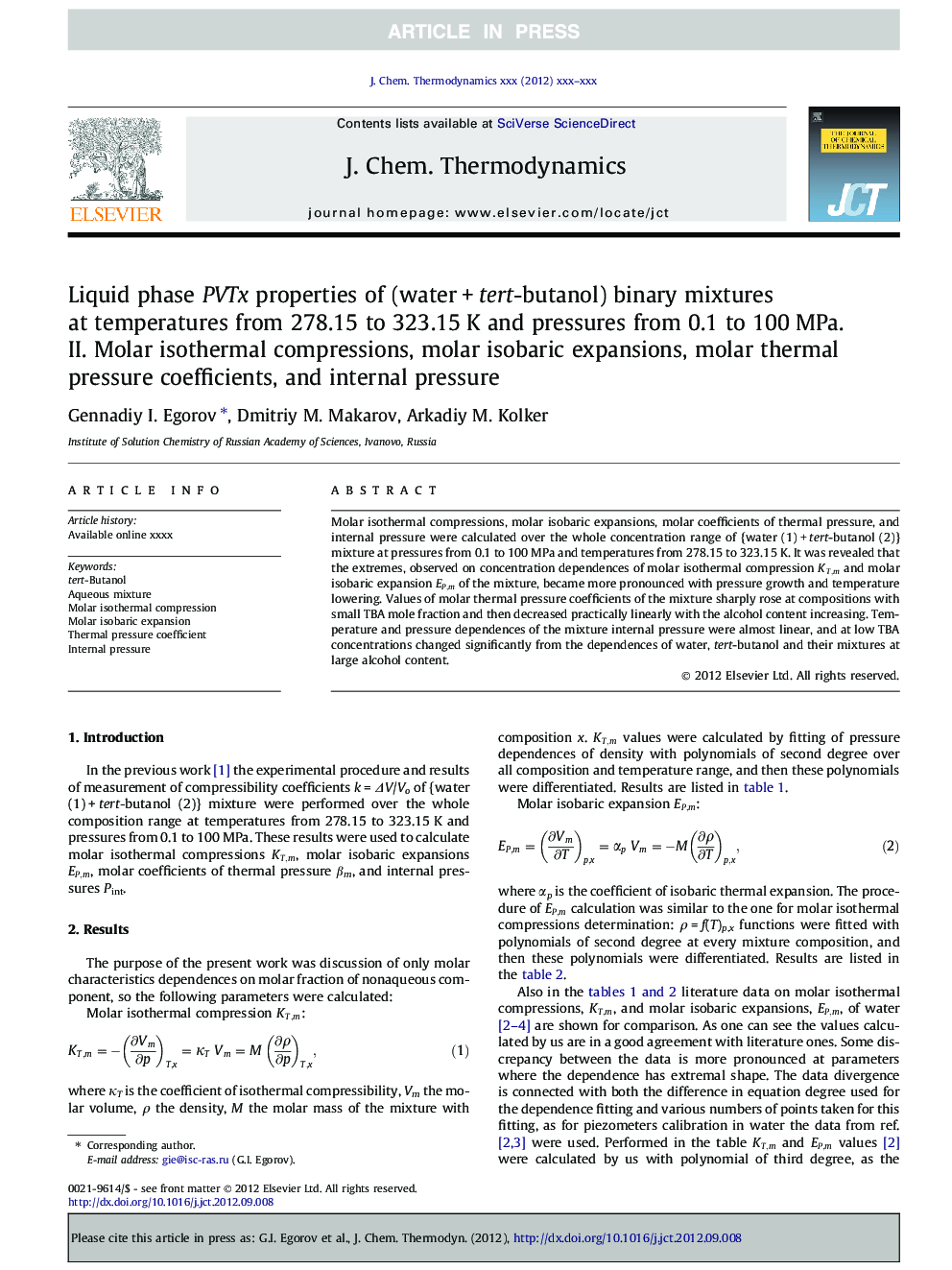 Liquid phase PVTx properties of (waterÂ +Â tert-butanol) binary mixtures at temperatures from 278.15 to 323.15Â K and pressures from 0.1 to 100Â MPa. II. Molar isothermal compressions, molar isobaric expansions, molar thermal pressure coefficients, and in