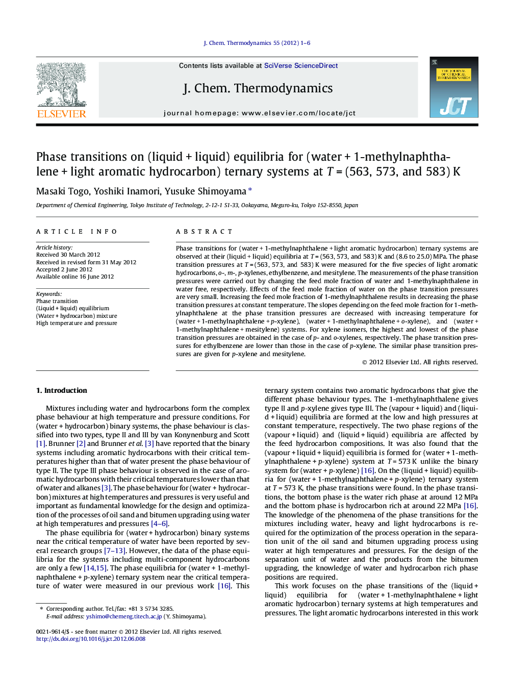 Phase transitions on (liquidÂ +Â liquid) equilibria for (waterÂ +Â 1-methylnaphthaleneÂ +Â light aromatic hydrocarbon) ternary systems at TÂ =Â (563, 573, and 583)Â K