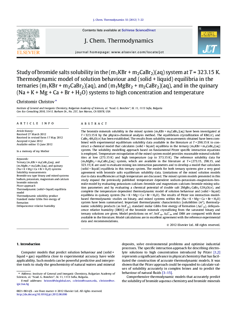 Study of bromide salts solubility in the (m1KBrÂ +Â m2CaBr2)(aq) system at TÂ =Â 323.15Â K. Thermodynamic model of solution behaviour and (solidÂ +Â liquid) equilibria in the ternaries (m1KBrÂ +Â m2CaBr2)(aq), and (m1MgBr2Â +Â m2CaBr2)(aq), and in the qui