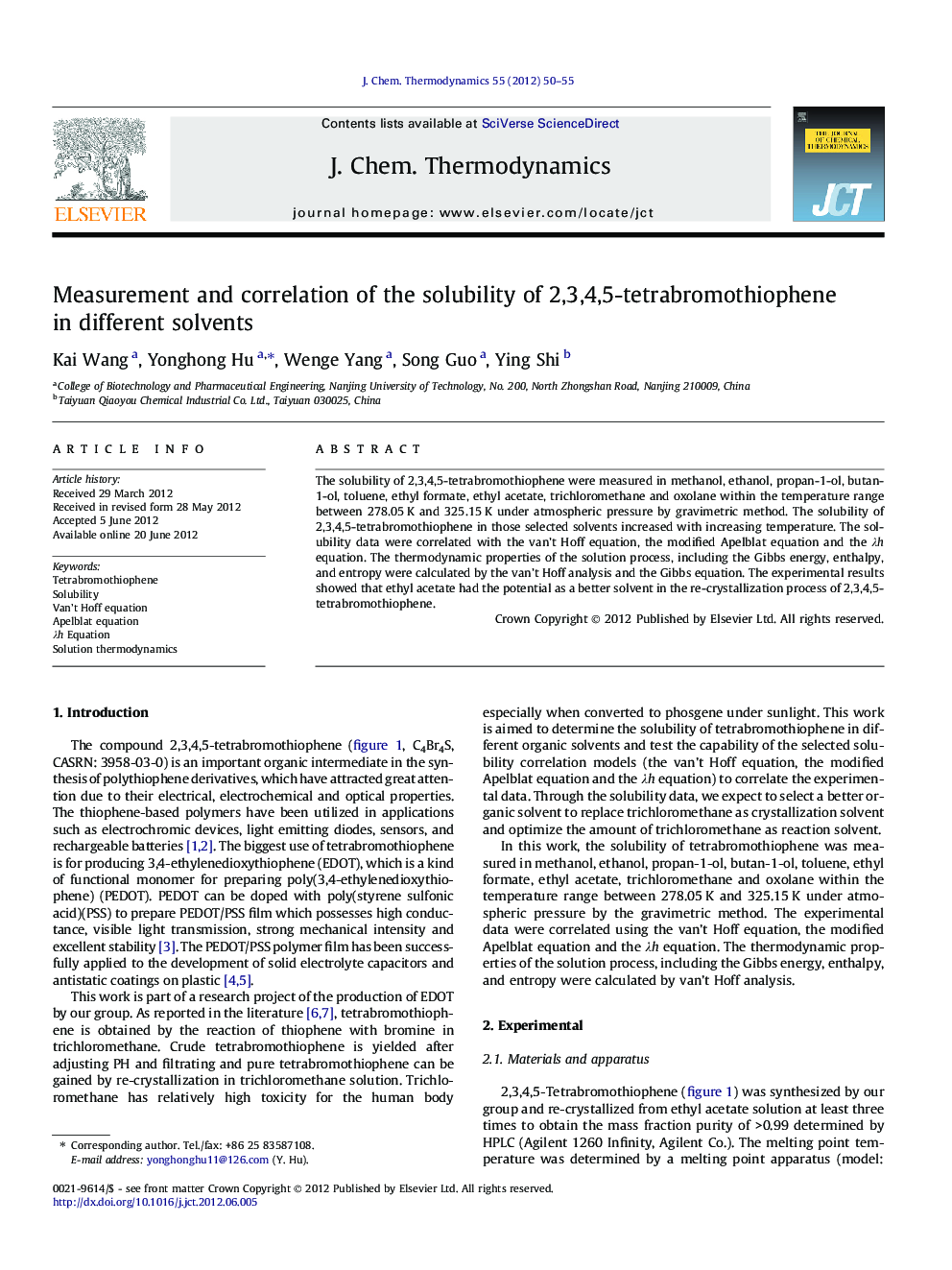 Measurement and correlation of the solubility of 2,3,4,5-tetrabromothiophene in different solvents