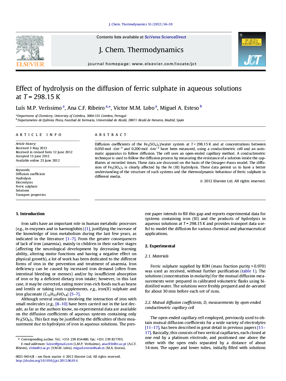 Effect of hydrolysis on the diffusion of ferric sulphate in aqueous solutions at TÂ =Â 298.15Â K