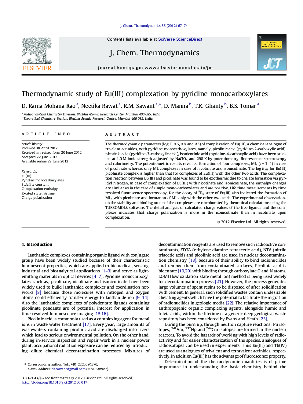 Thermodynamic study of Eu(III) complexation by pyridine monocarboxylates