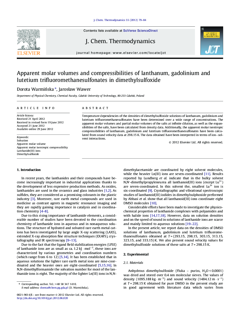 Apparent molar volumes and compressibilities of lanthanum, gadolinium and lutetium trifluoromethanesulfonates in dimethylsulfoxide