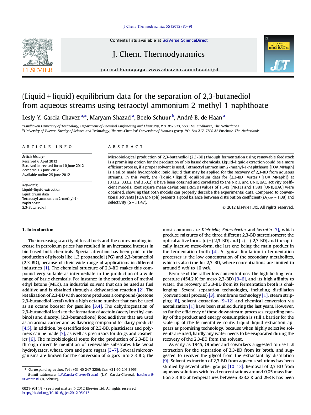 (LiquidÂ +Â liquid) equilibrium data for the separation of 2,3-butanediol from aqueous streams using tetraoctyl ammonium 2-methyl-1-naphthoate