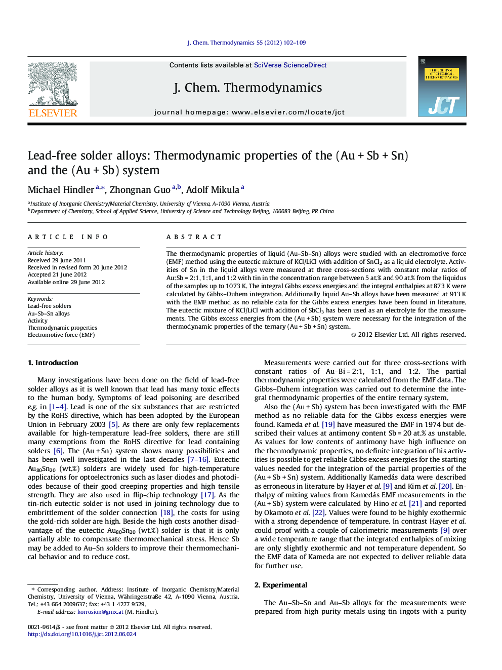 Lead-free solder alloys: Thermodynamic properties of the (AuÂ +Â SbÂ +Â Sn) and the (AuÂ +Â Sb) system