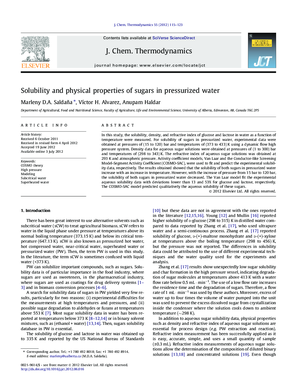 عکس صفحه اول مقاله: Solubility and physical properties of sugars in pressurized water Solubility and physical properties of sugars in pressurized water