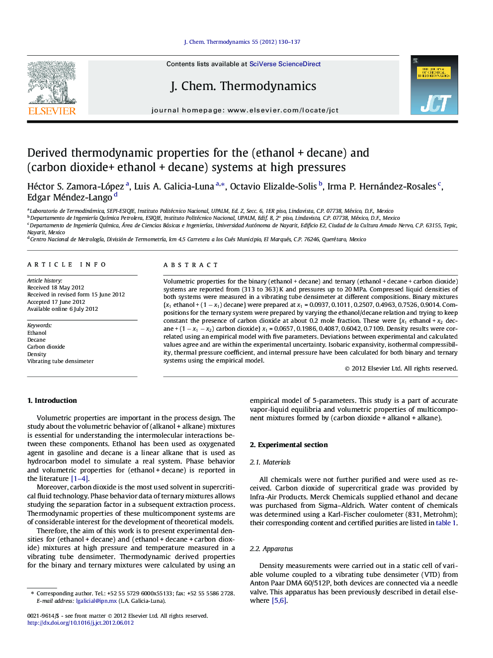 Derived thermodynamic properties for the (ethanolÂ +Â decane) and (carbon dioxideÂ +Â ethanolÂ +Â decane) systems at high pressures