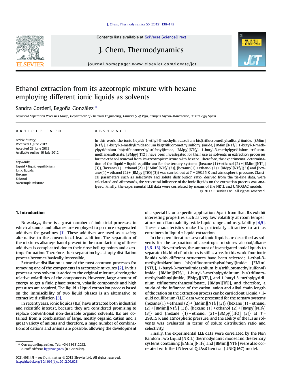 Ethanol extraction from its azeotropic mixture with hexane employing different ionic liquids as solvents