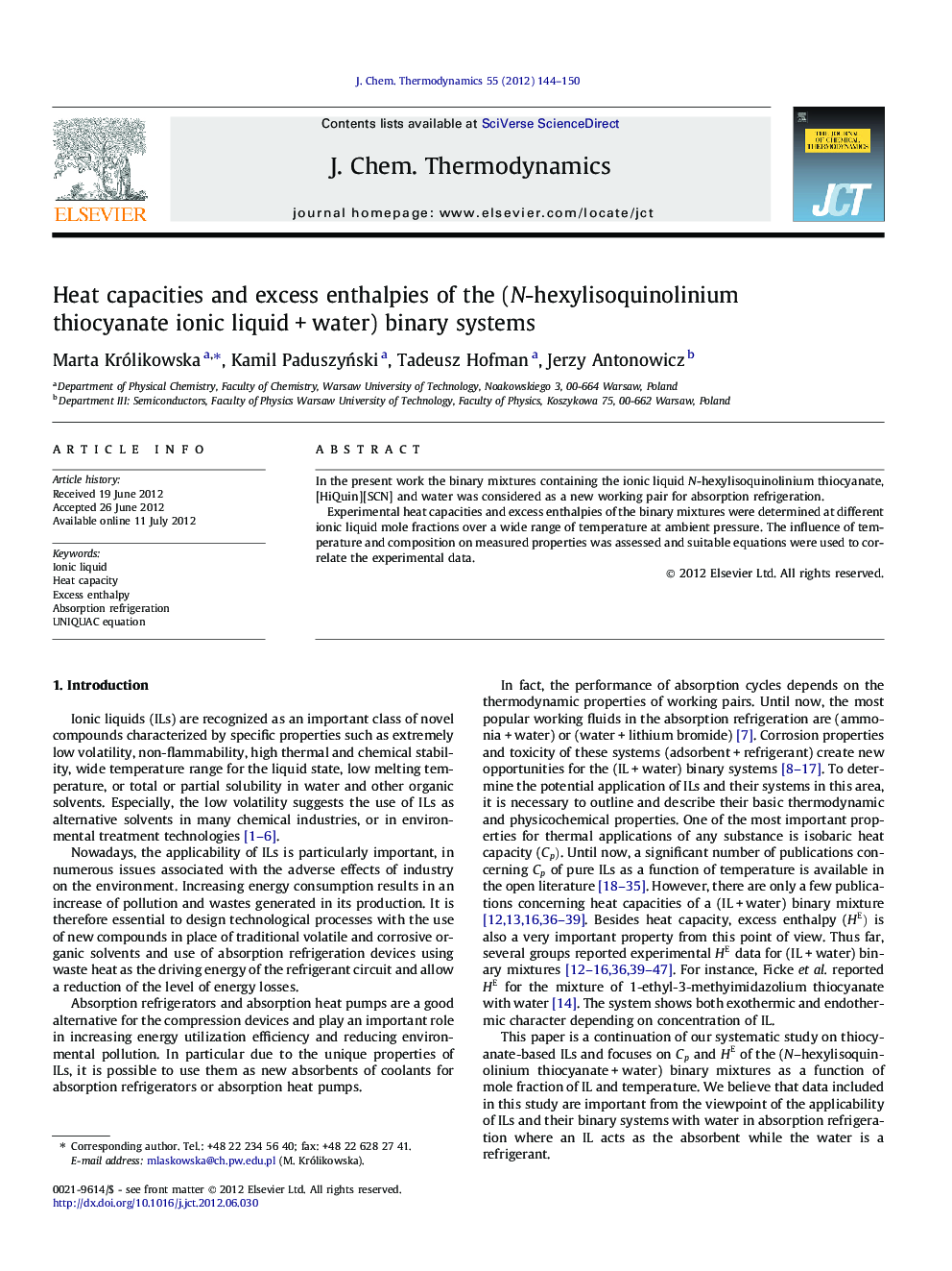 Heat capacities and excess enthalpies of the (N-hexylisoquinolinium thiocyanate ionic liquidÂ +Â water) binary systems