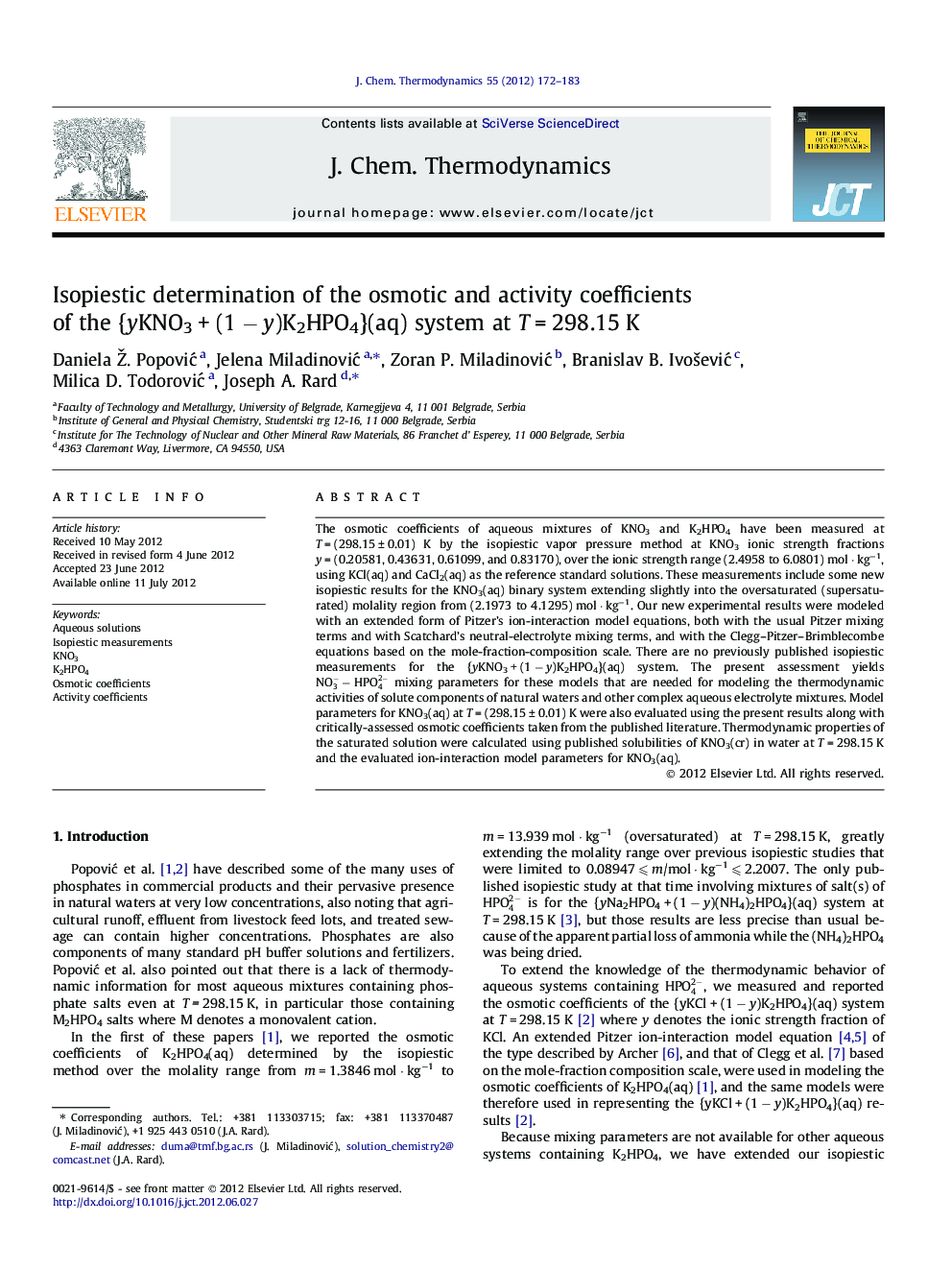 Isopiestic determination of the osmotic and activity coefficients of the {yKNO3Â +Â (1Â âÂ y)K2HPO4}(aq) system at TÂ =Â 298.15Â K