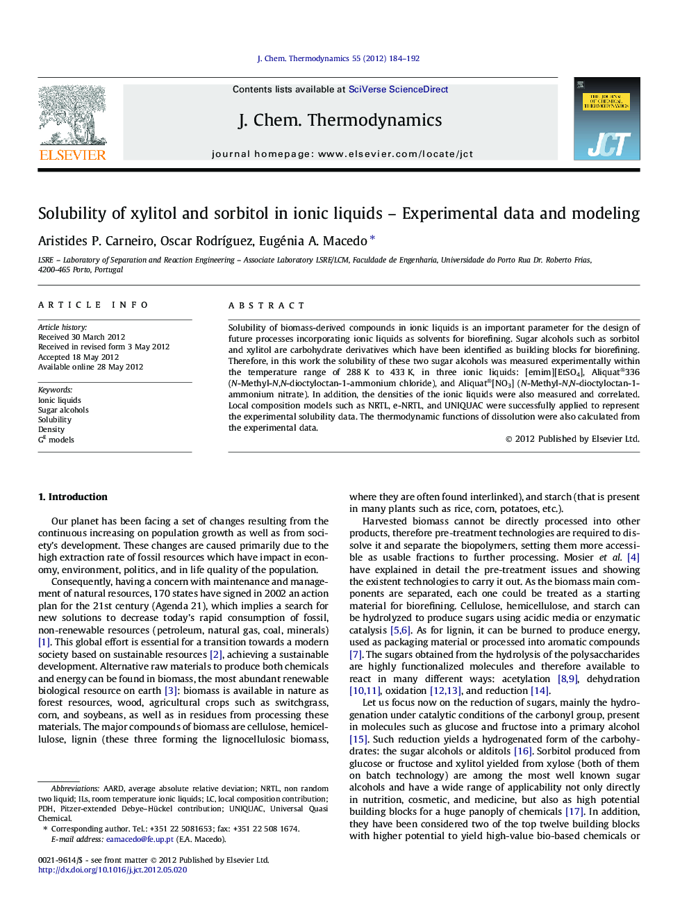 Solubility of xylitol and sorbitol in ionic liquids - Experimental data and modeling