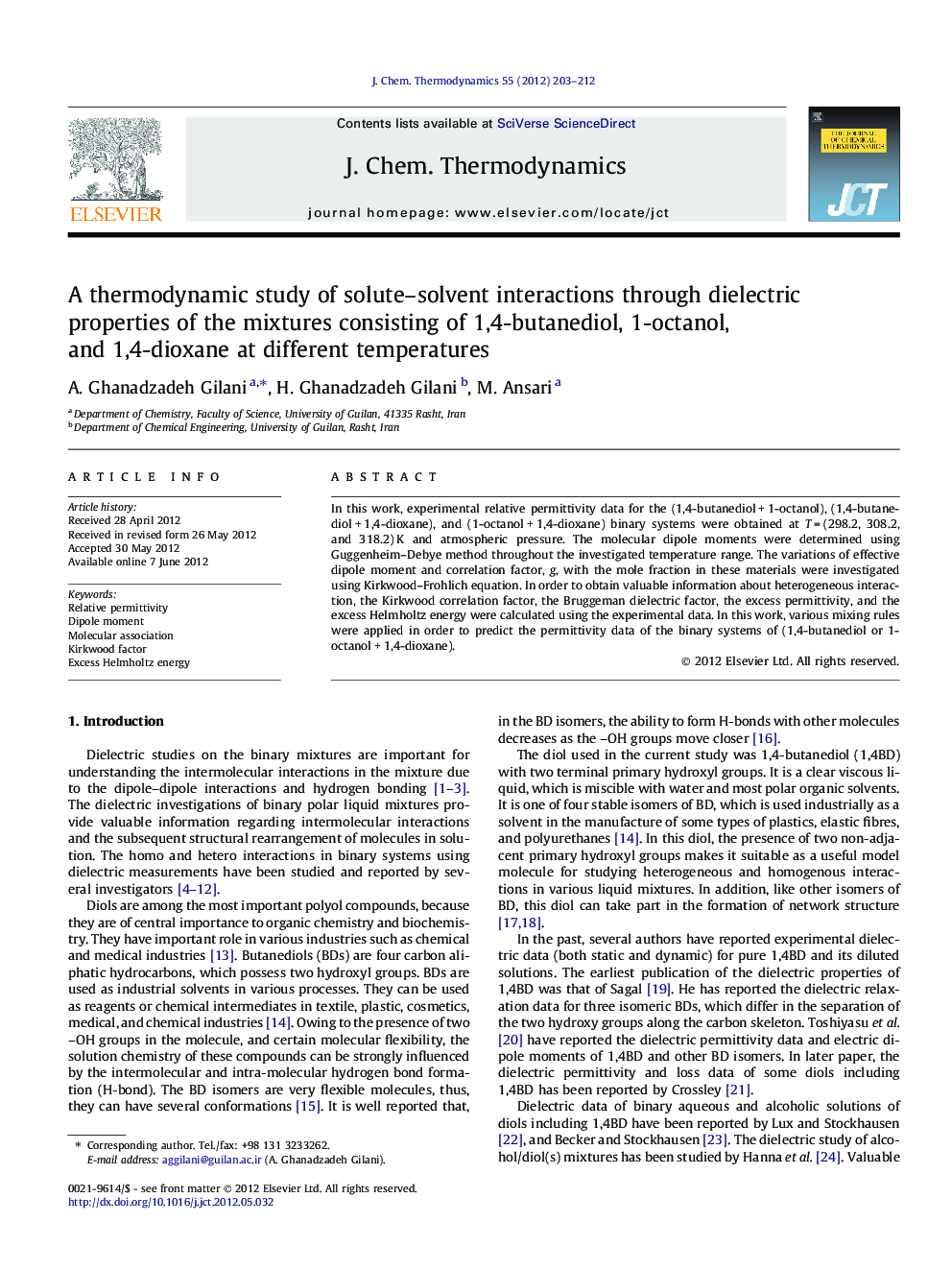 A thermodynamic study of solute-solvent interactions through dielectric properties of the mixtures consisting of 1,4-butanediol, 1-octanol, and 1,4-dioxane at different temperatures