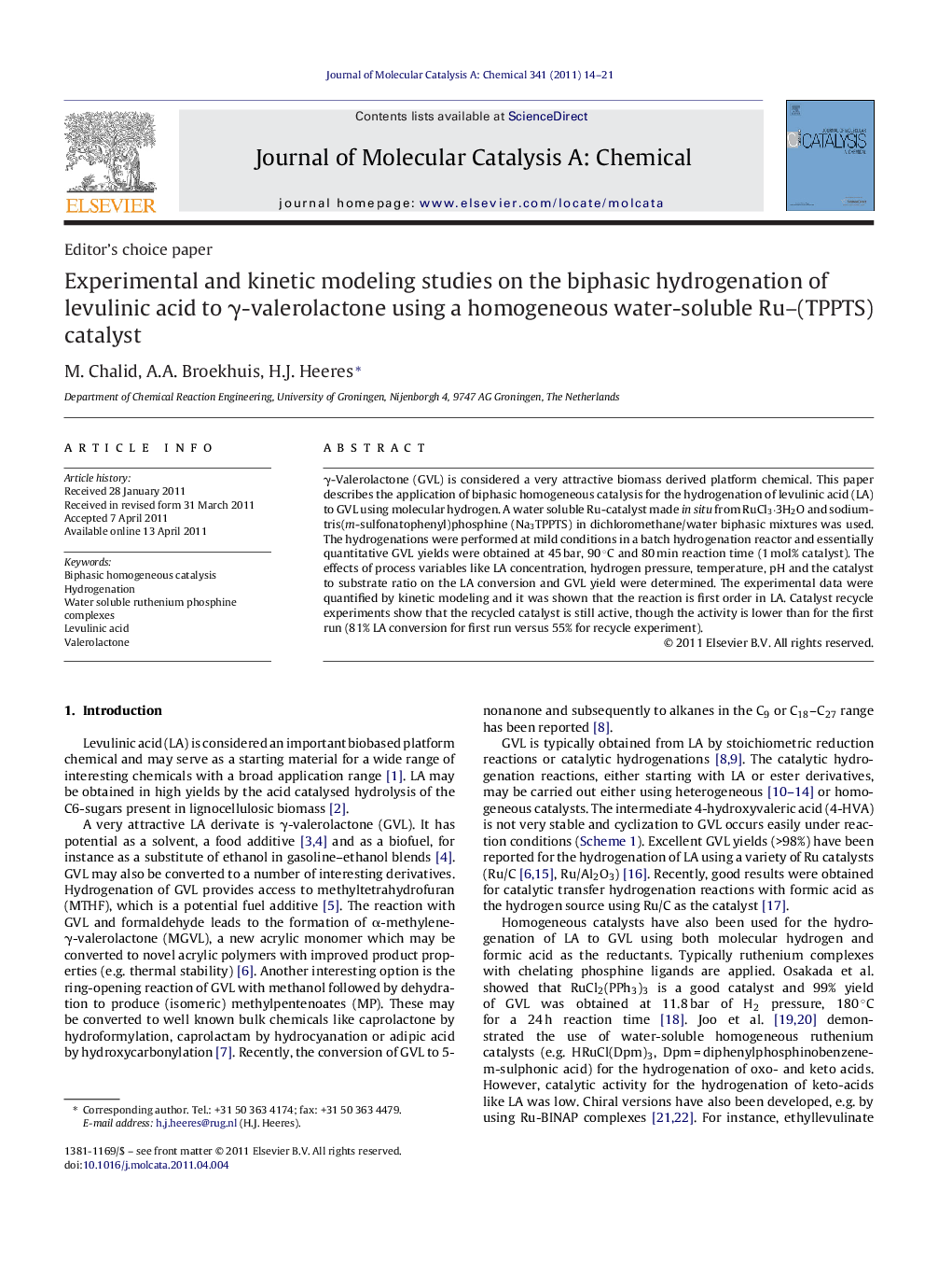 Experimental and kinetic modeling studies on the biphasic hydrogenation of levulinic acid to γ-valerolactone using a homogeneous water-soluble Ru–(TPPTS) catalyst