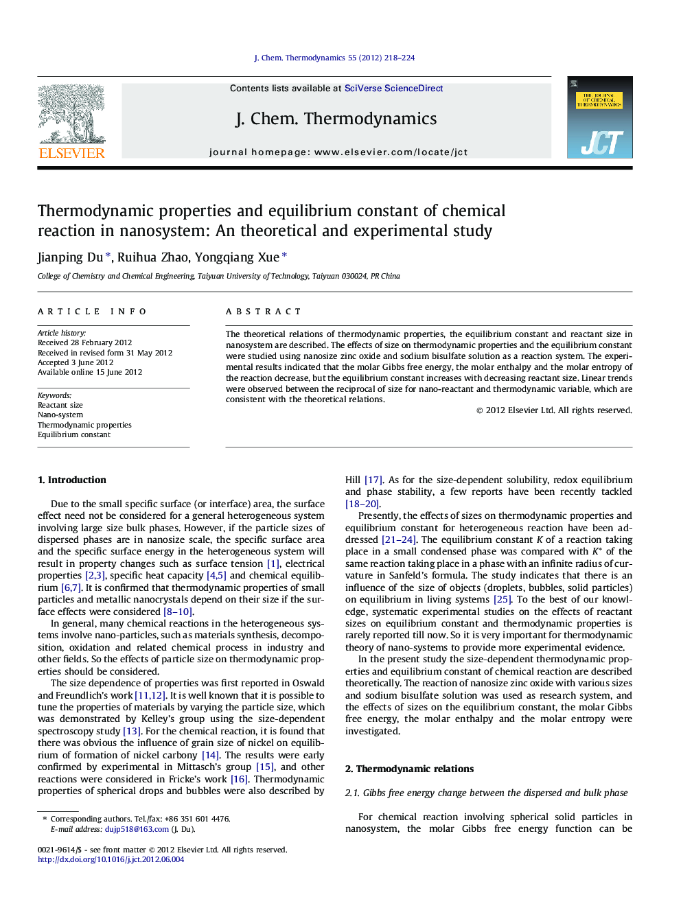 Thermodynamic properties and equilibrium constant of chemical reaction in nanosystem: An theoretical and experimental study