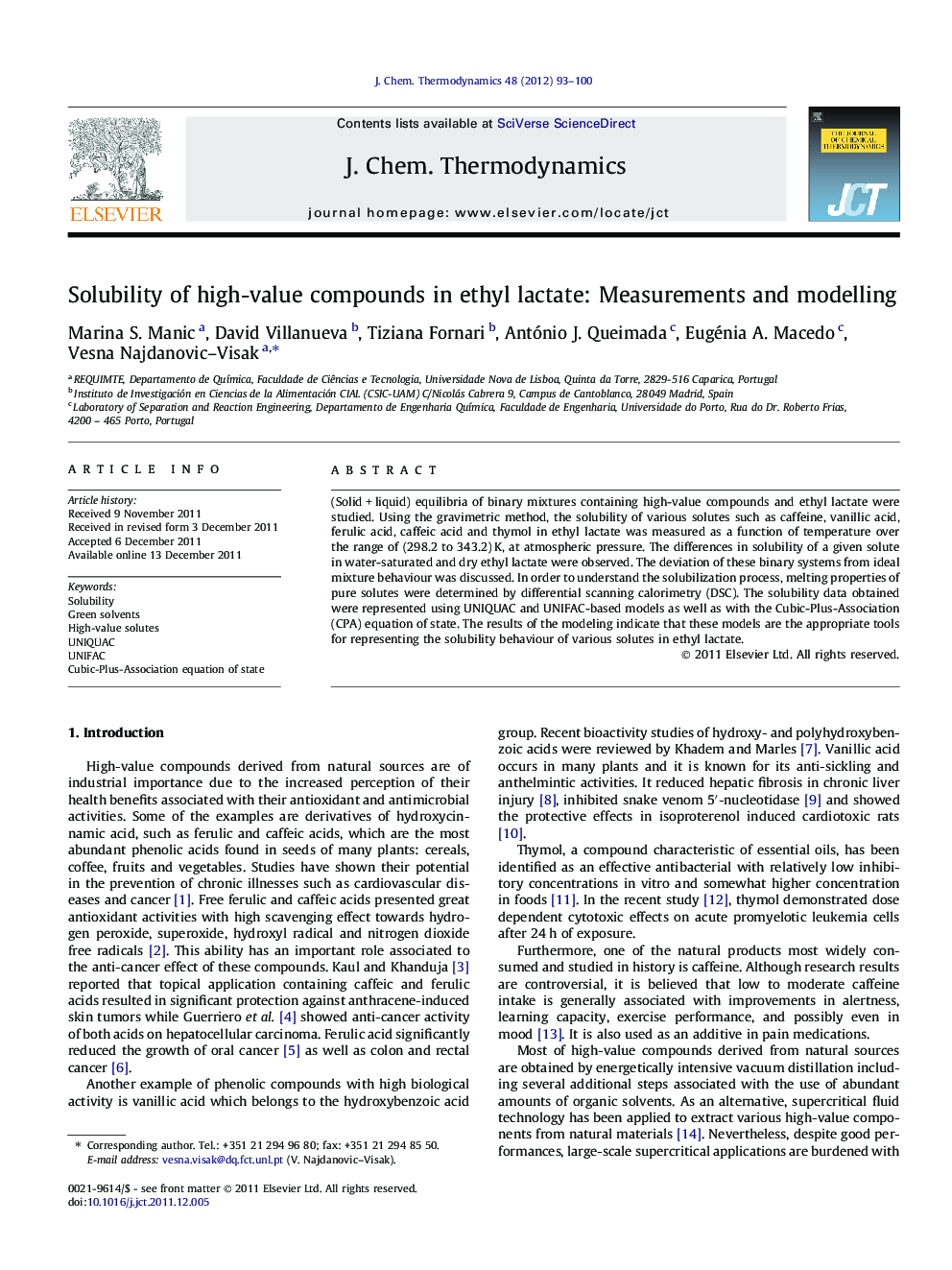 Solubility of high-value compounds in ethyl lactate: Measurements and modeling