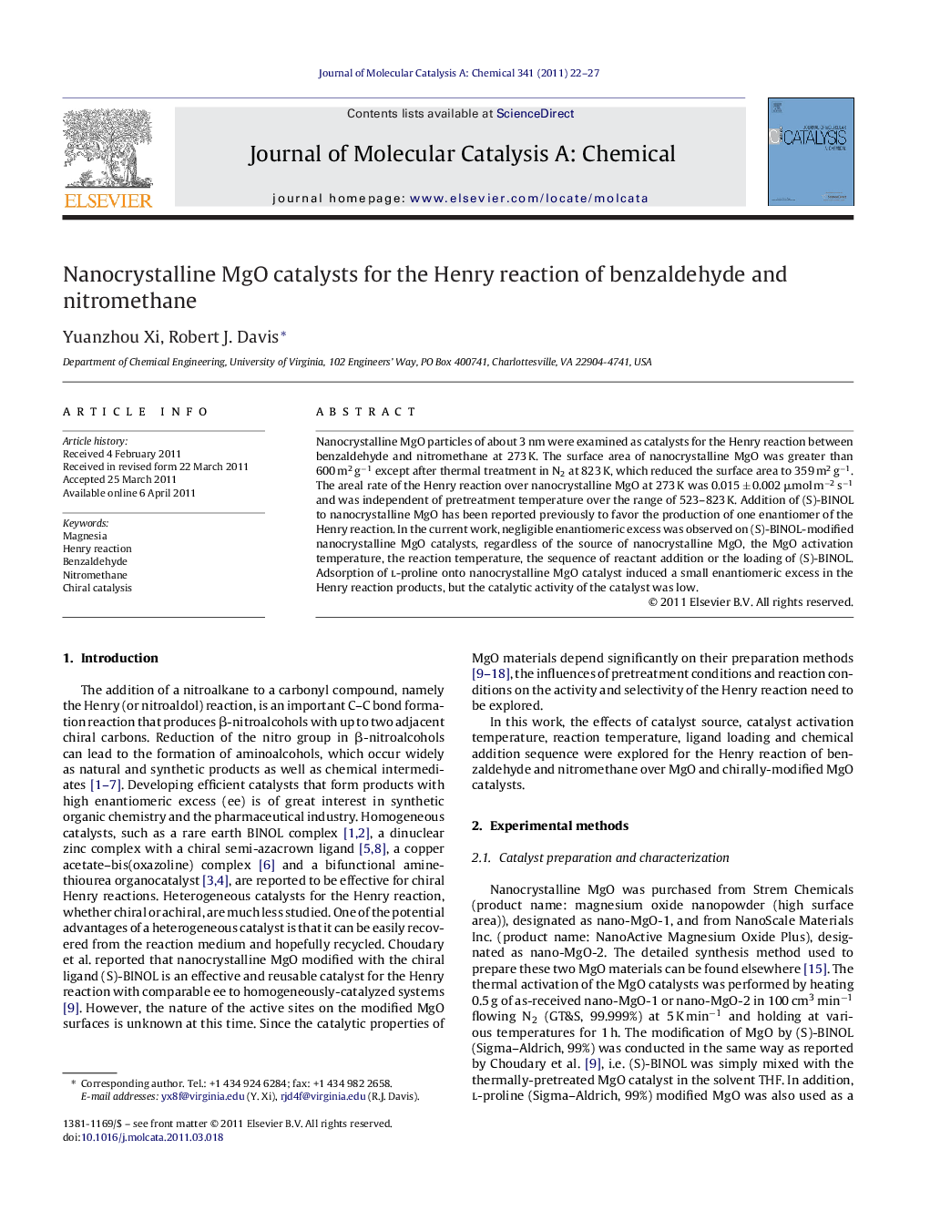 Nanocrystalline MgO catalysts for the Henry reaction of benzaldehyde and nitromethane