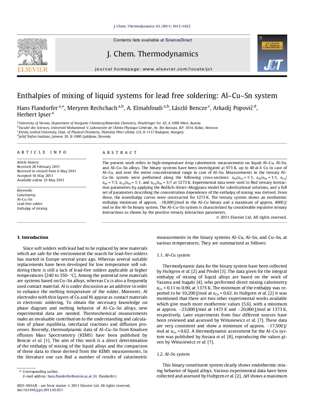 Enthalpies of mixing of liquid systems for lead free soldering: Al-Cu-Sn system