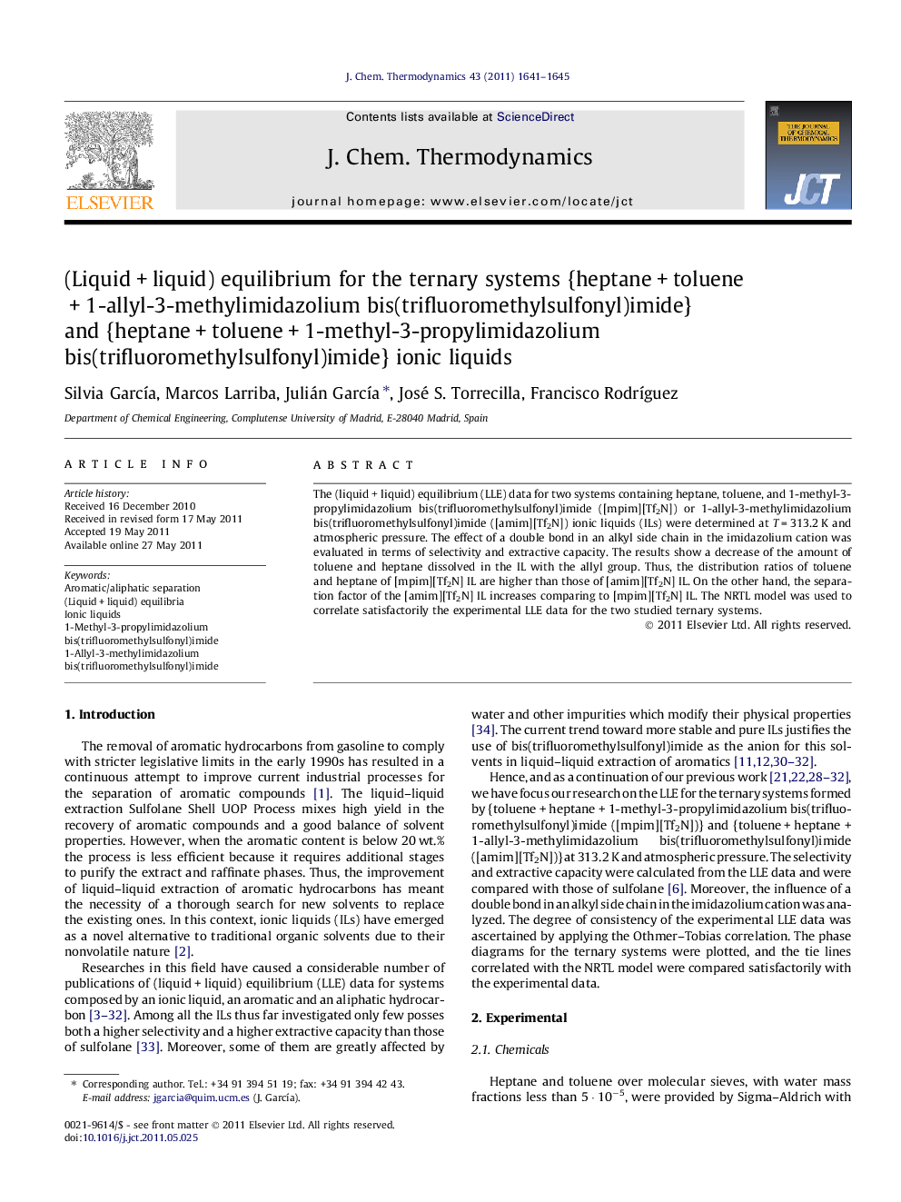 (LiquidÂ +Â liquid) equilibrium for the ternary systems {heptaneÂ +Â tolueneÂ +Â 1-allyl-3-methylimidazolium bis(trifluoromethylsulfonyl)imide} and {heptaneÂ +Â tolueneÂ +Â 1-methyl-3-propylimidazolium bis(trifluoromethylsulfonyl)imide} ionic liquids