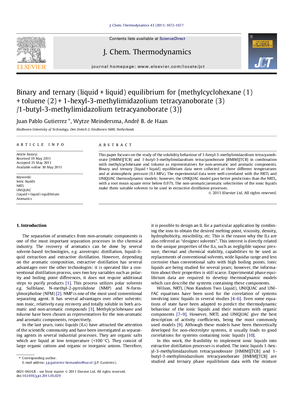 Binary and ternary (liquidÂ +Â liquid) equilibrium for {methylcyclohexane (1)Â +Â toluene (2)Â +Â 1-hexyl-3-methylimidazolium tetracyanoborate (3)/1-butyl-3-methylimidazolium tetracyanoborate (3)}