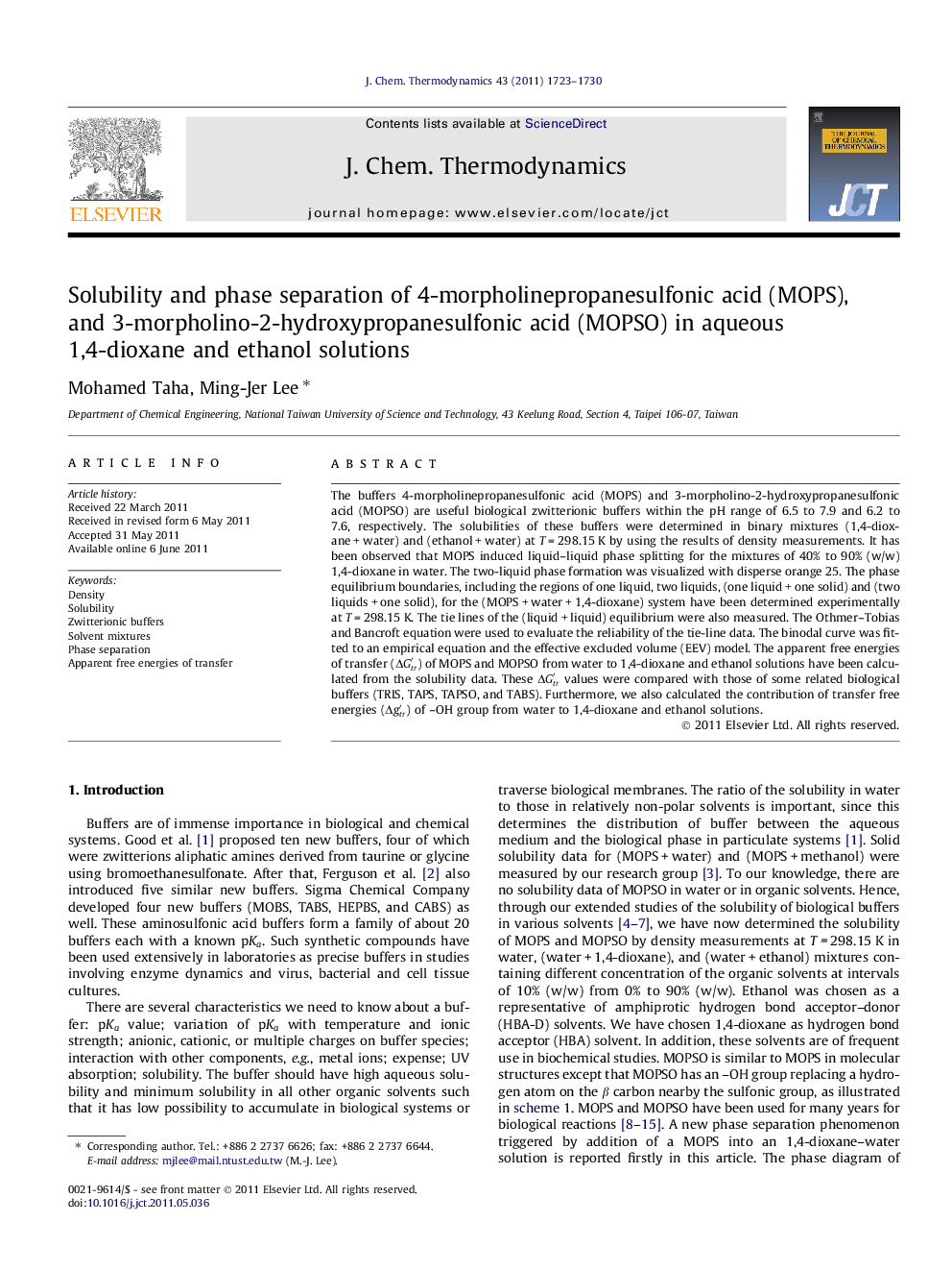 Solubility and phase separation of 4-morpholinepropanesulfonic acid (MOPS), and 3-morpholino-2-hydroxypropanesulfonic acid (MOPSO) in aqueous 1,4-dioxane and ethanol solutions