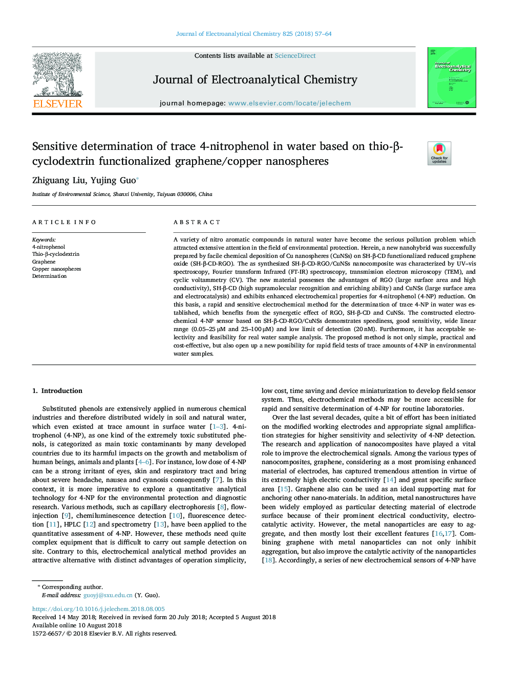 عکس صفحه اول مقاله: Sensitive determination of trace 4-nitrophenol in water based on thio-β-cyclodextrin functionalized graphene/copper nanospheres Sensitive determination of trace 4-nitrophenol in water based on thio-β-cyclodextrin functionalized graphene/copper nanospheres