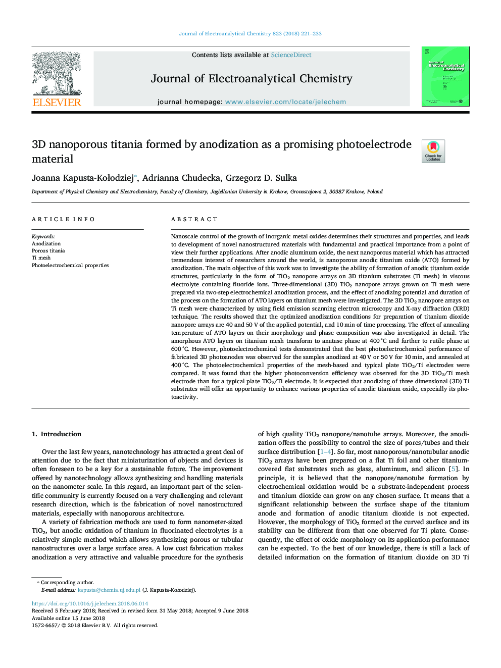 3D nanoporous titania formed by anodization as a promising photoelectrode material