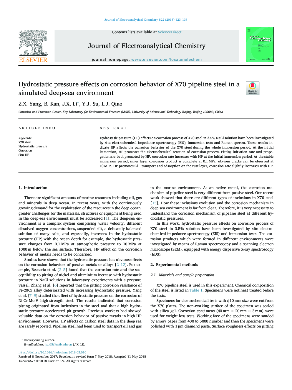 Hydrostatic pressure effects on corrosion behavior of X70 pipeline steel in a simulated deep-sea environment