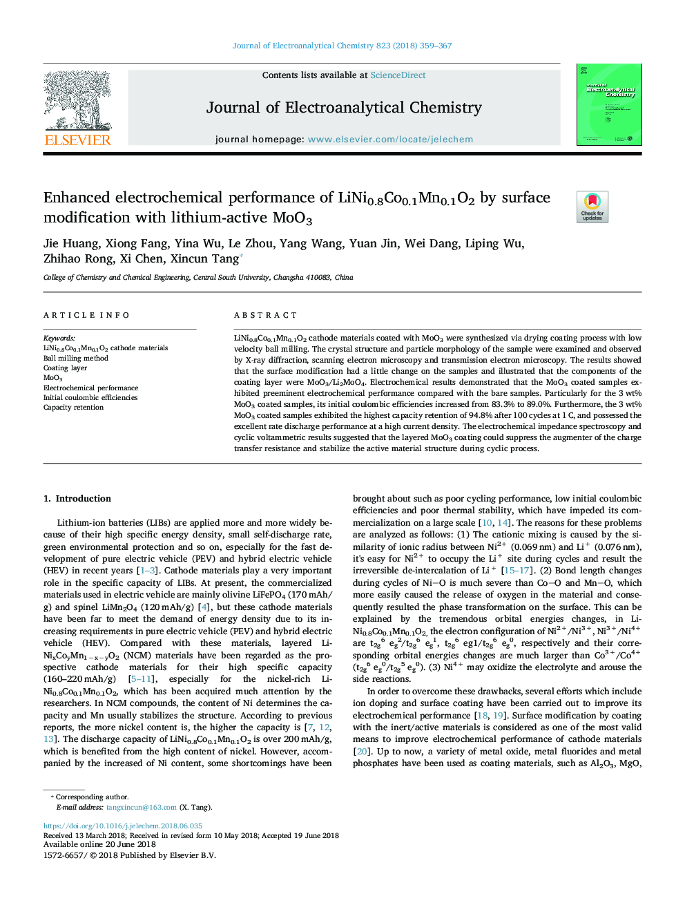 Enhanced electrochemical performance of LiNi0.8Co0.1Mn0.1O2 by surface modification with lithium-active MoO3