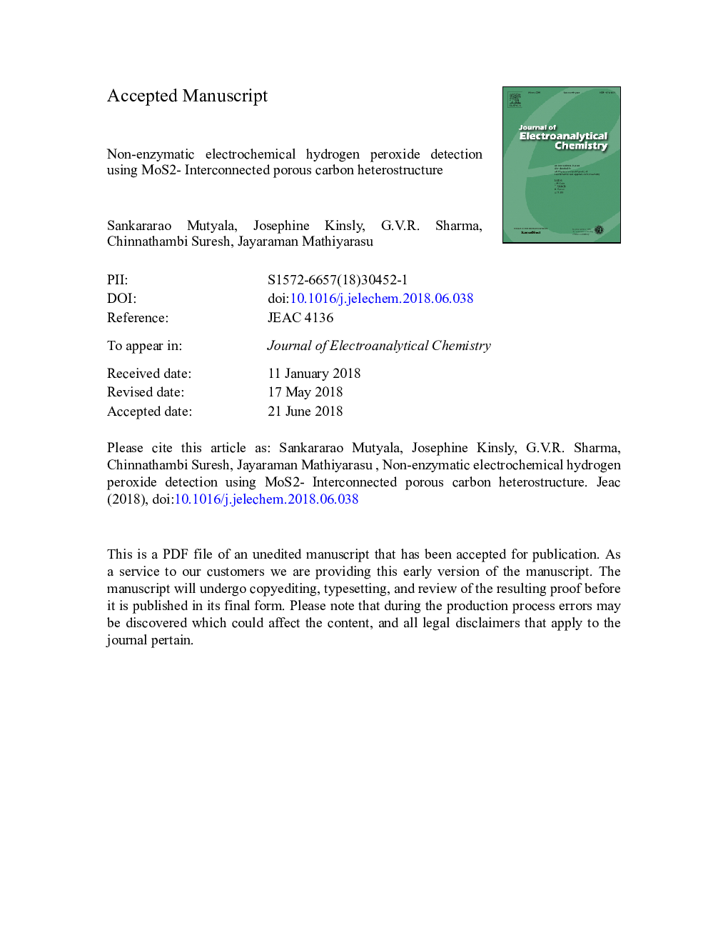 Non-enzymatic electrochemical hydrogen peroxide detection using MoS2- Interconnected porous carbon heterostructure