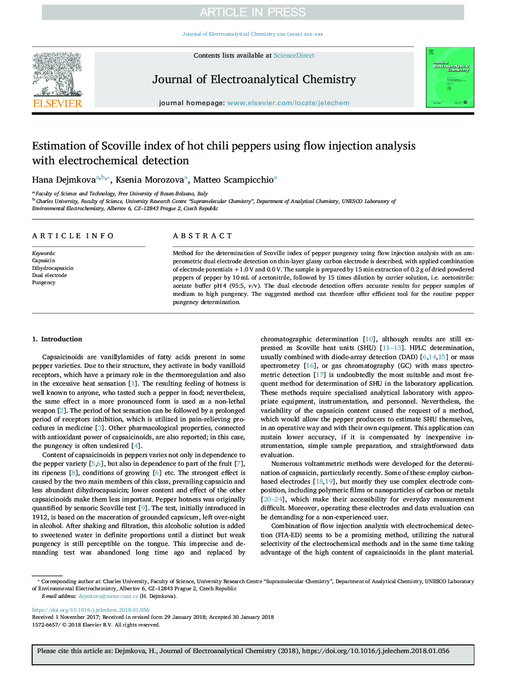 Estimation of Scoville index of hot chili peppers using flow injection analysis with electrochemical detection