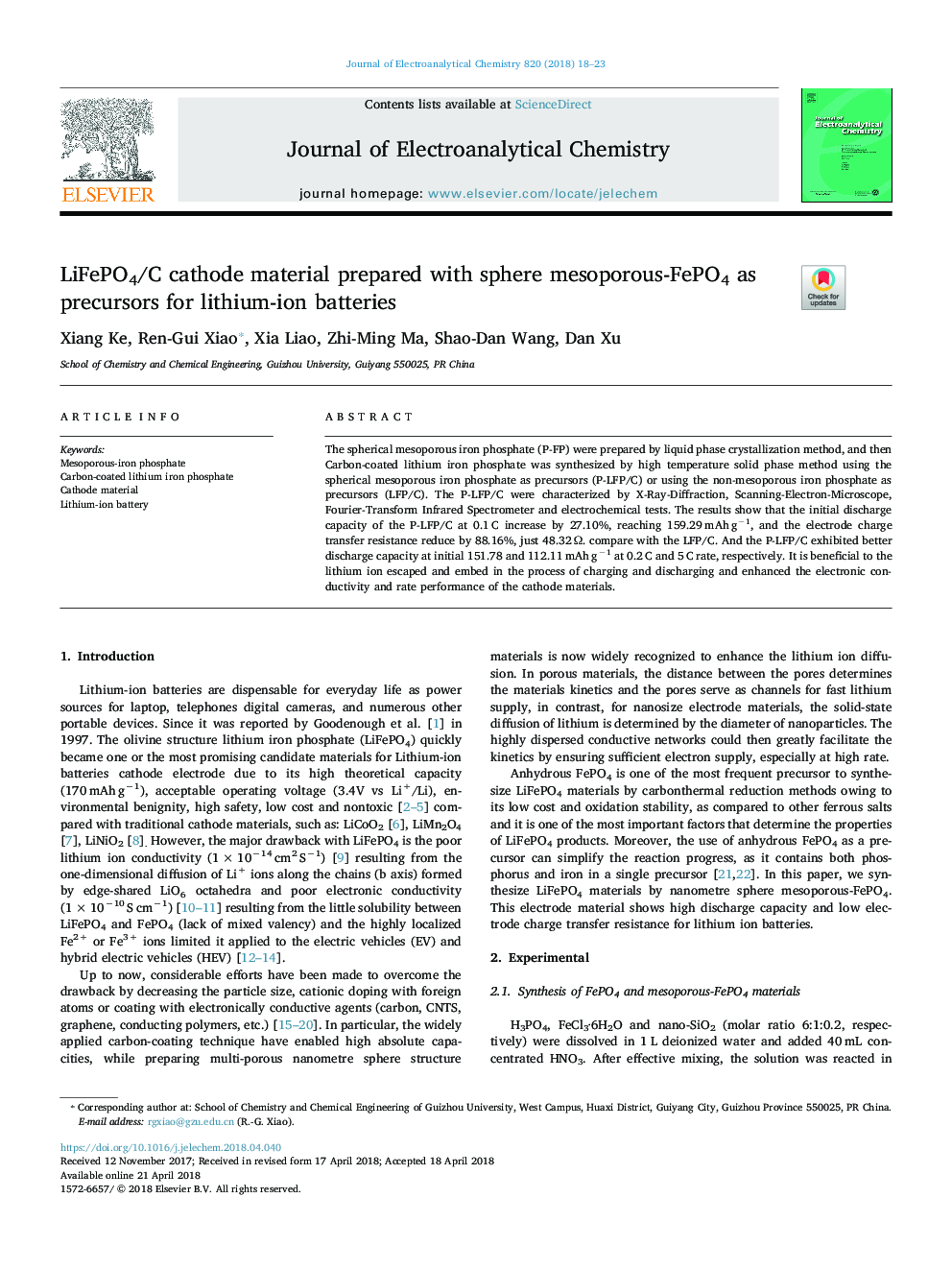 LiFePO4/C cathode material prepared with sphere mesoporous-FePO4 as precursors for lithium-ion batteries