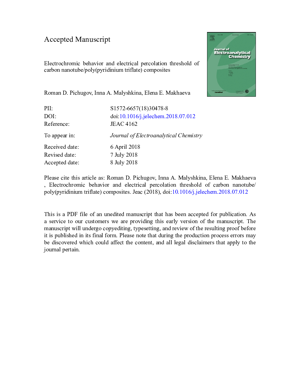 Electrochromic behavior and electrical percolation threshold of carbon nanotube/poly(pyridinium triflate) composites