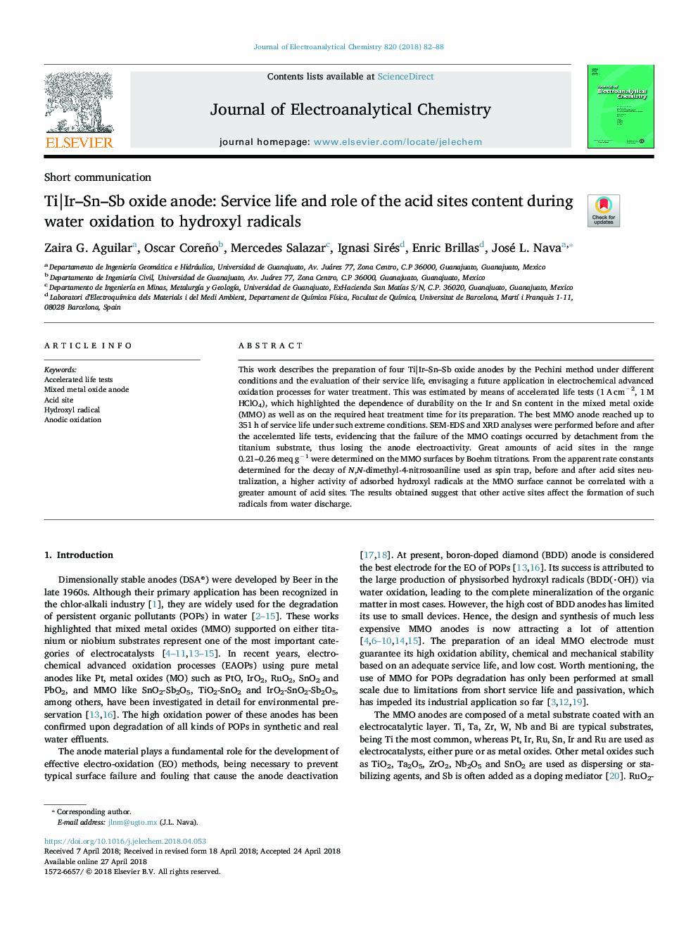 Ti|Ir-Sn-Sb oxide anode: Service life and role of the acid sites content during water oxidation to hydroxyl radicals