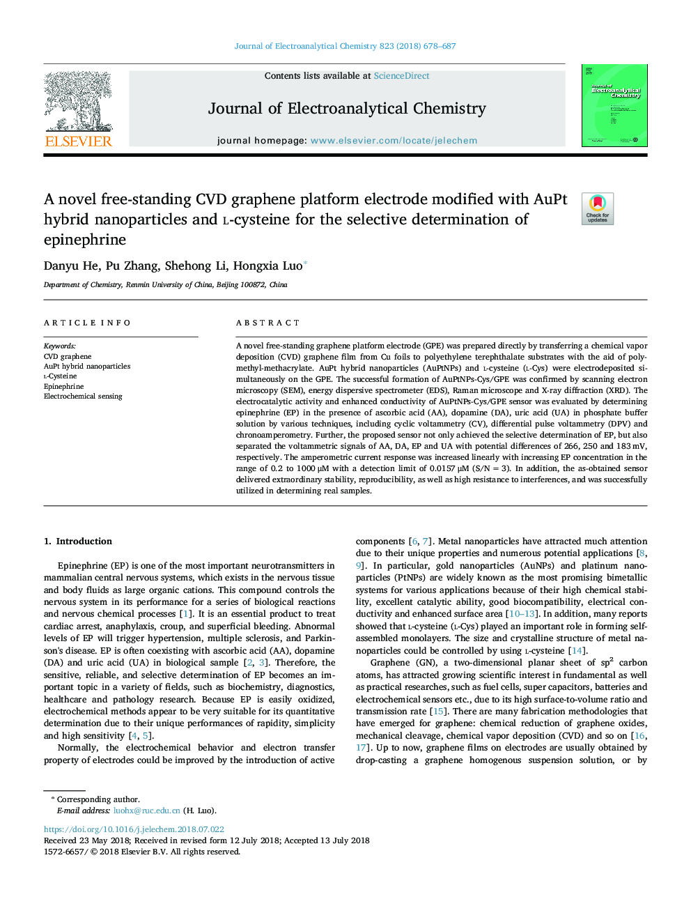 A novel free-standing CVD graphene platform electrode modified with AuPt hybrid nanoparticles and l-cysteine for the selective determination of epinephrine