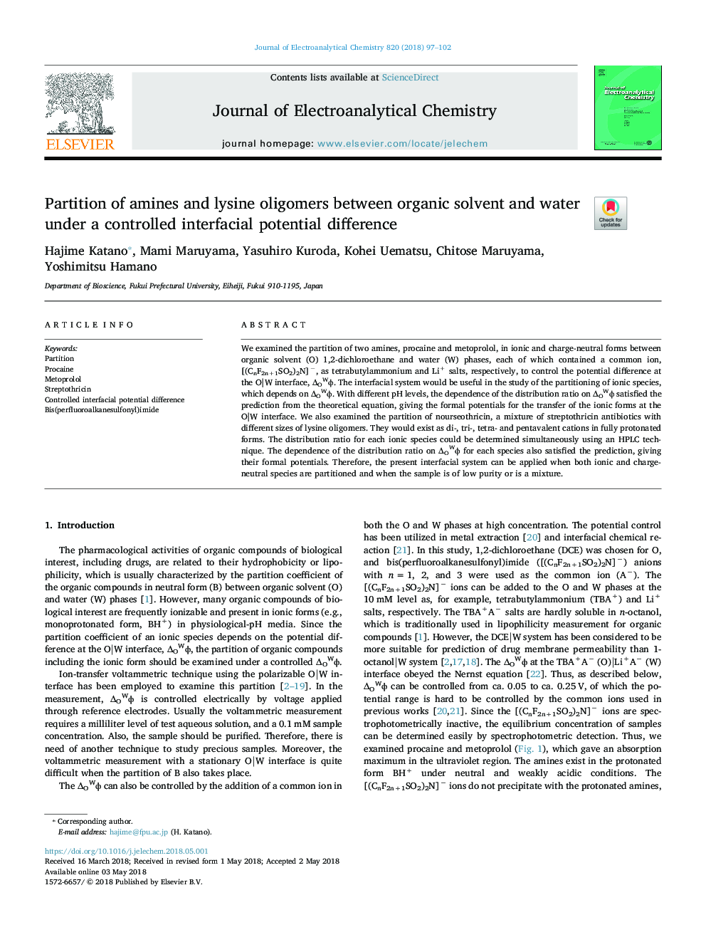 Partition of amines and lysine oligomers between organic solvent and water under a controlled interfacial potential difference