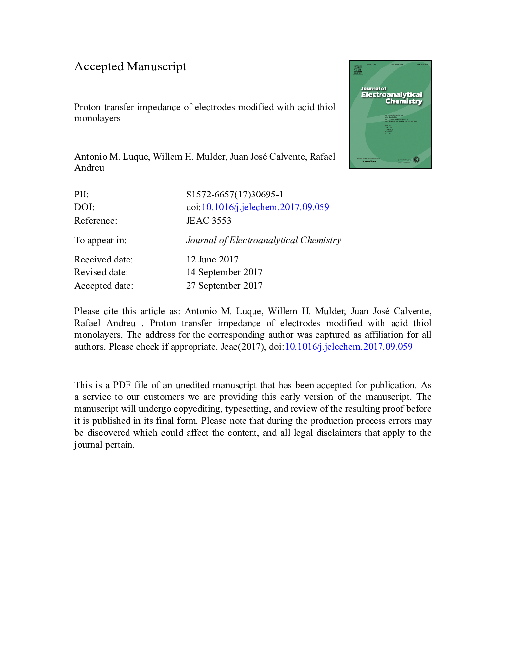 Proton transfer impedance of electrodes modified with acid thiol monolayers