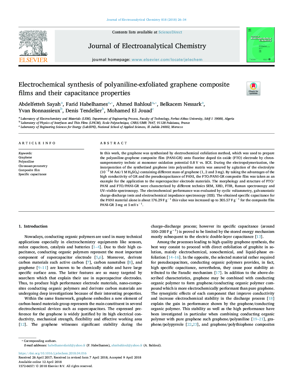 Electrochemical synthesis of polyaniline-exfoliated graphene composite films and their capacitance properties