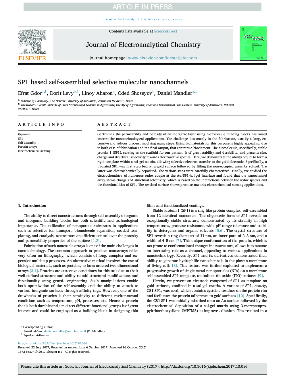 SP1 based self-assembled selective molecular nanochannels