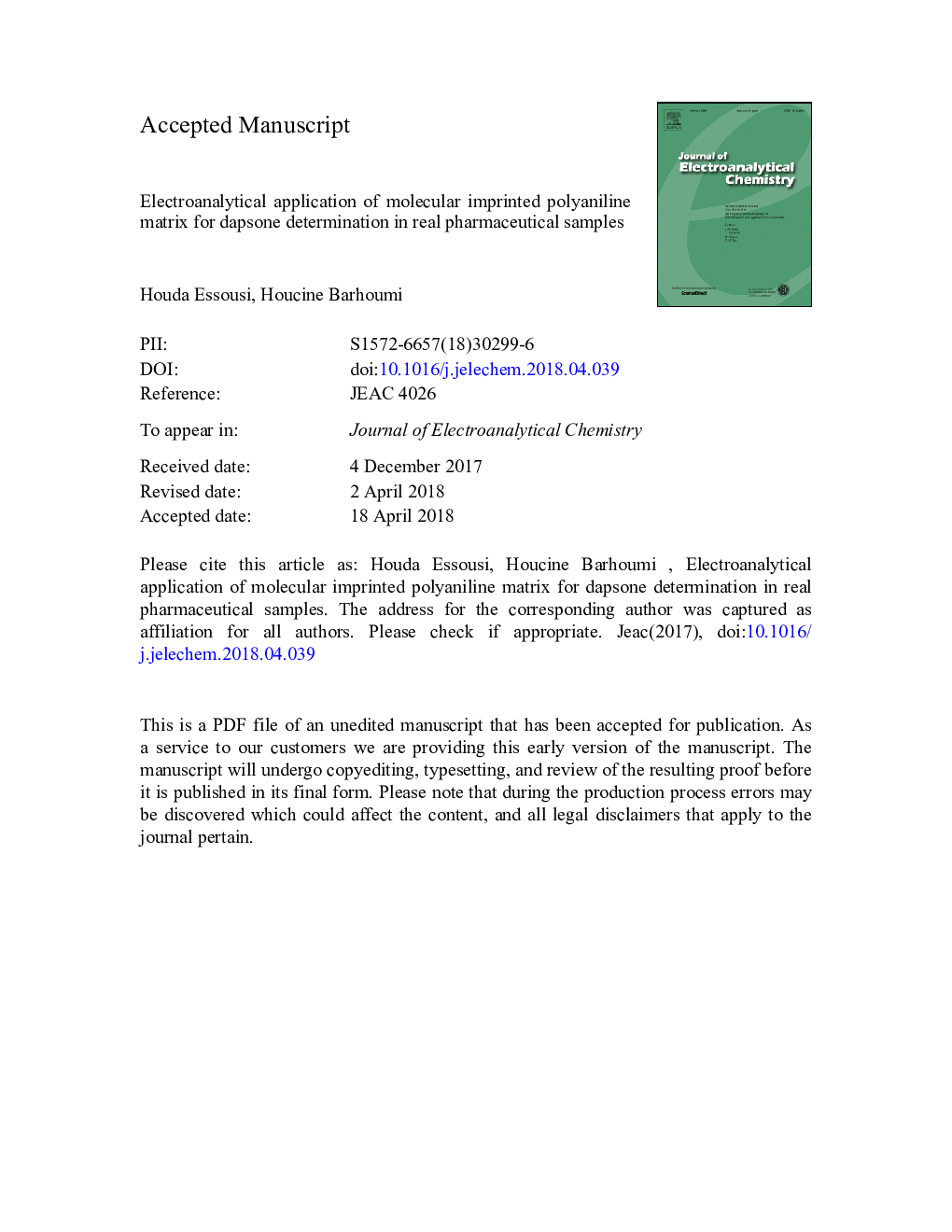 Electroanalytical application of molecular imprinted polyaniline matrix for dapsone determination in real pharmaceutical samples