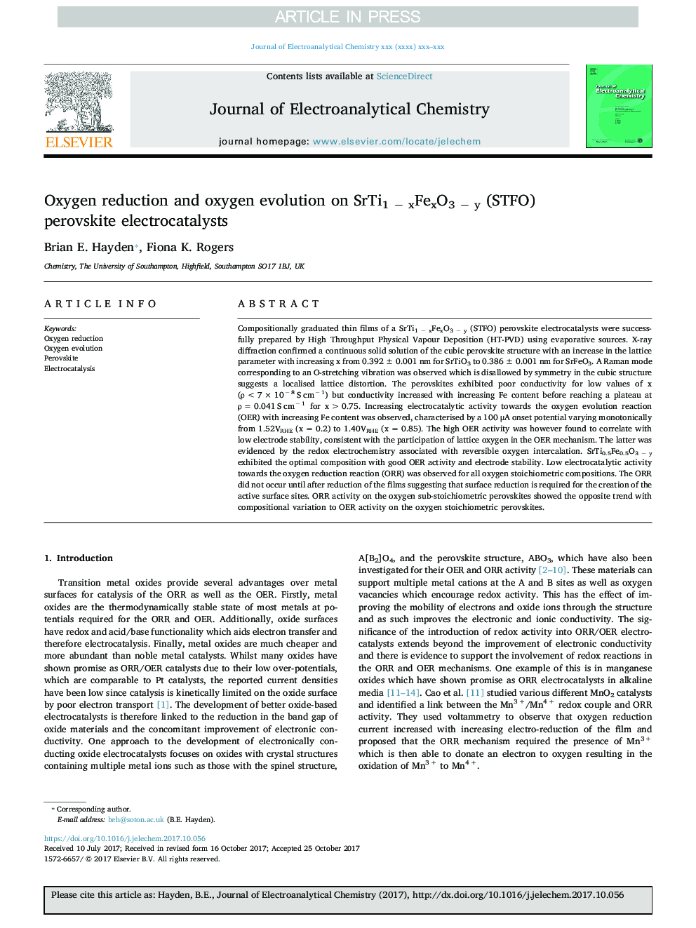 Oxygen reduction and oxygen evolution on SrTi1Â âÂ xFexO3Â âÂ y (STFO) perovskite electrocatalysts