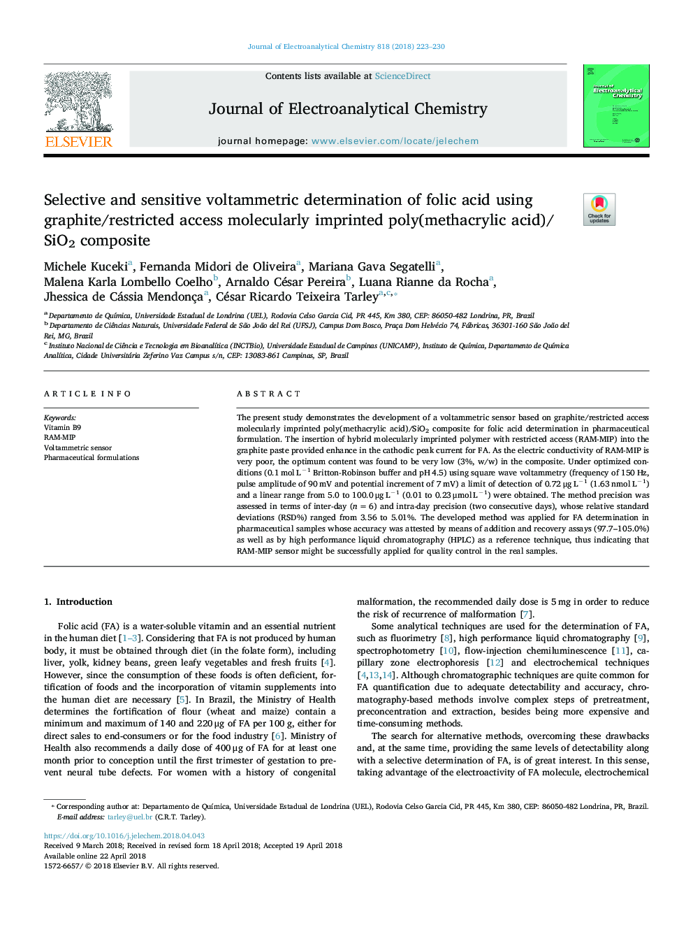 Selective and sensitive voltammetric determination of folic acid using graphite/restricted access molecularly imprinted poly(methacrylic acid)/SiO2 composite