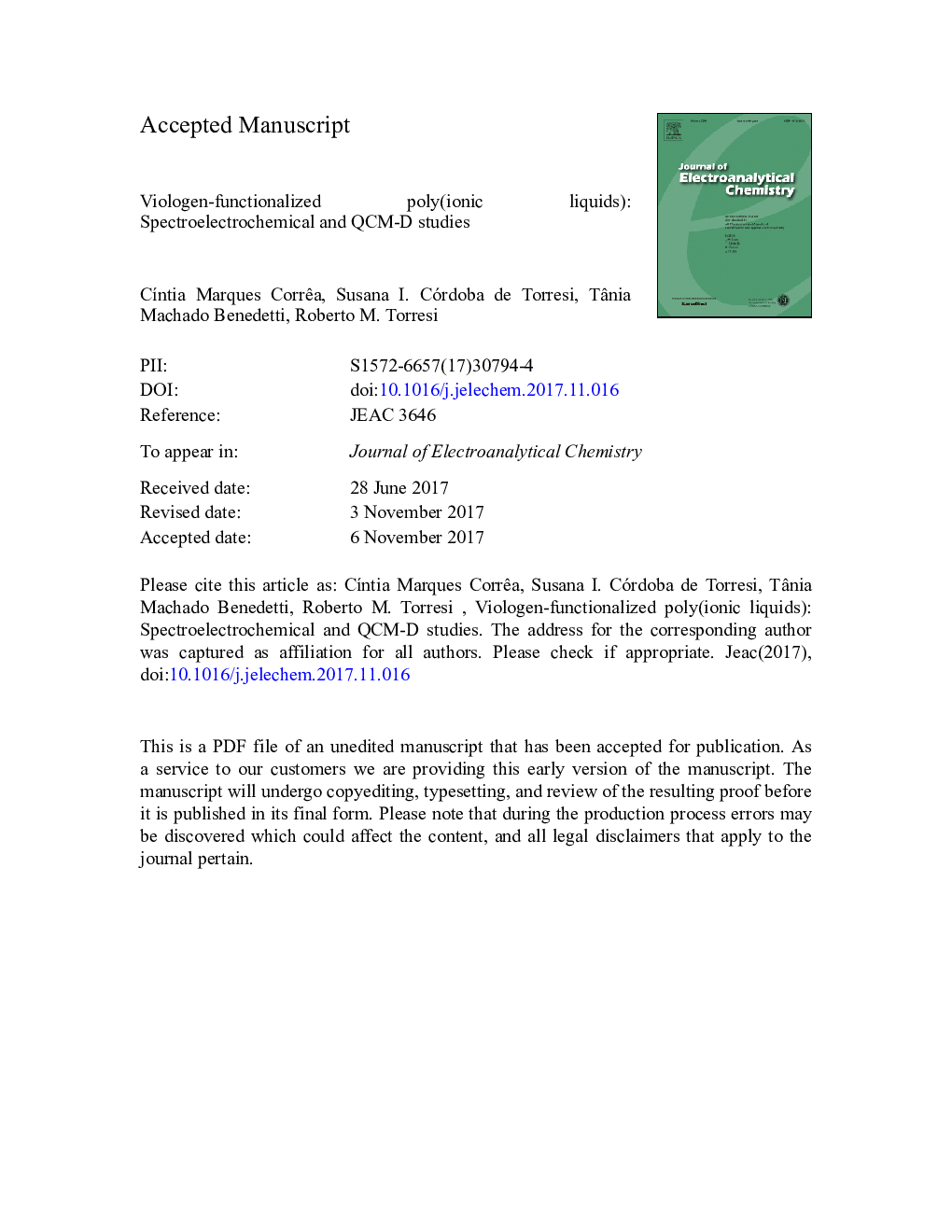 Viologen-functionalized poly(ionic liquids): Spectroelectrochemical and QCM-D studies