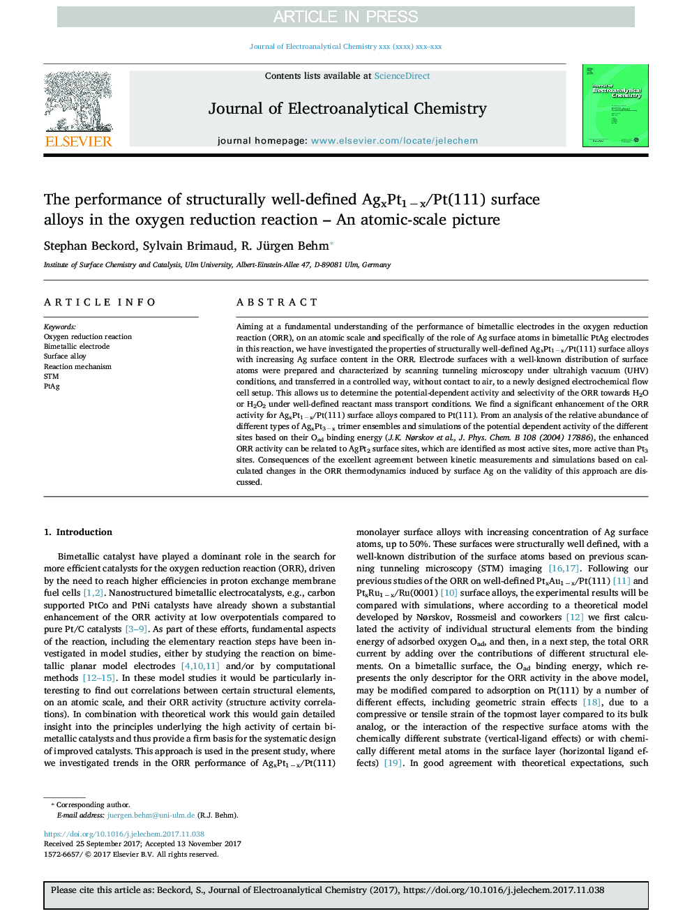 The performance of structurally well-defined AgxPt1âx/Pt(111) surface alloys in the oxygen reduction reaction - An atomic-scale picture