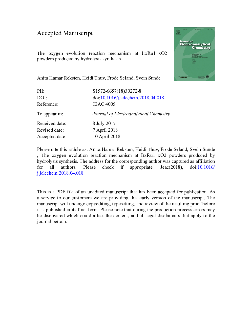 The oxygen evolution reaction mechanism at IrxRu1âxO2 powders produced by hydrolysis synthesis