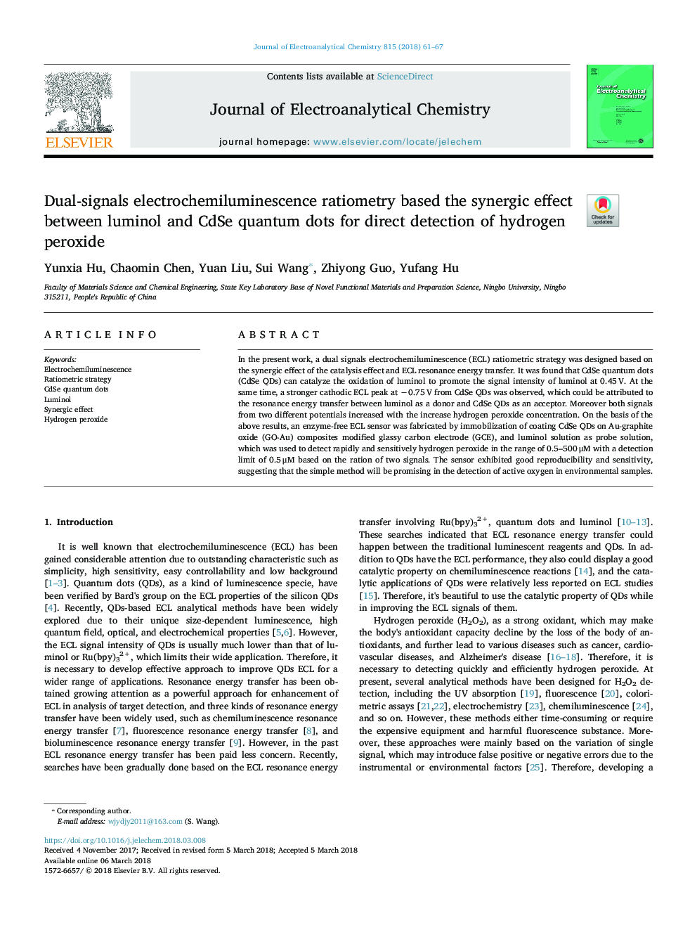 Dual-signals electrochemiluminescence ratiometry based the synergic effect between luminol and CdSe quantum dots for direct detection of hydrogen peroxide