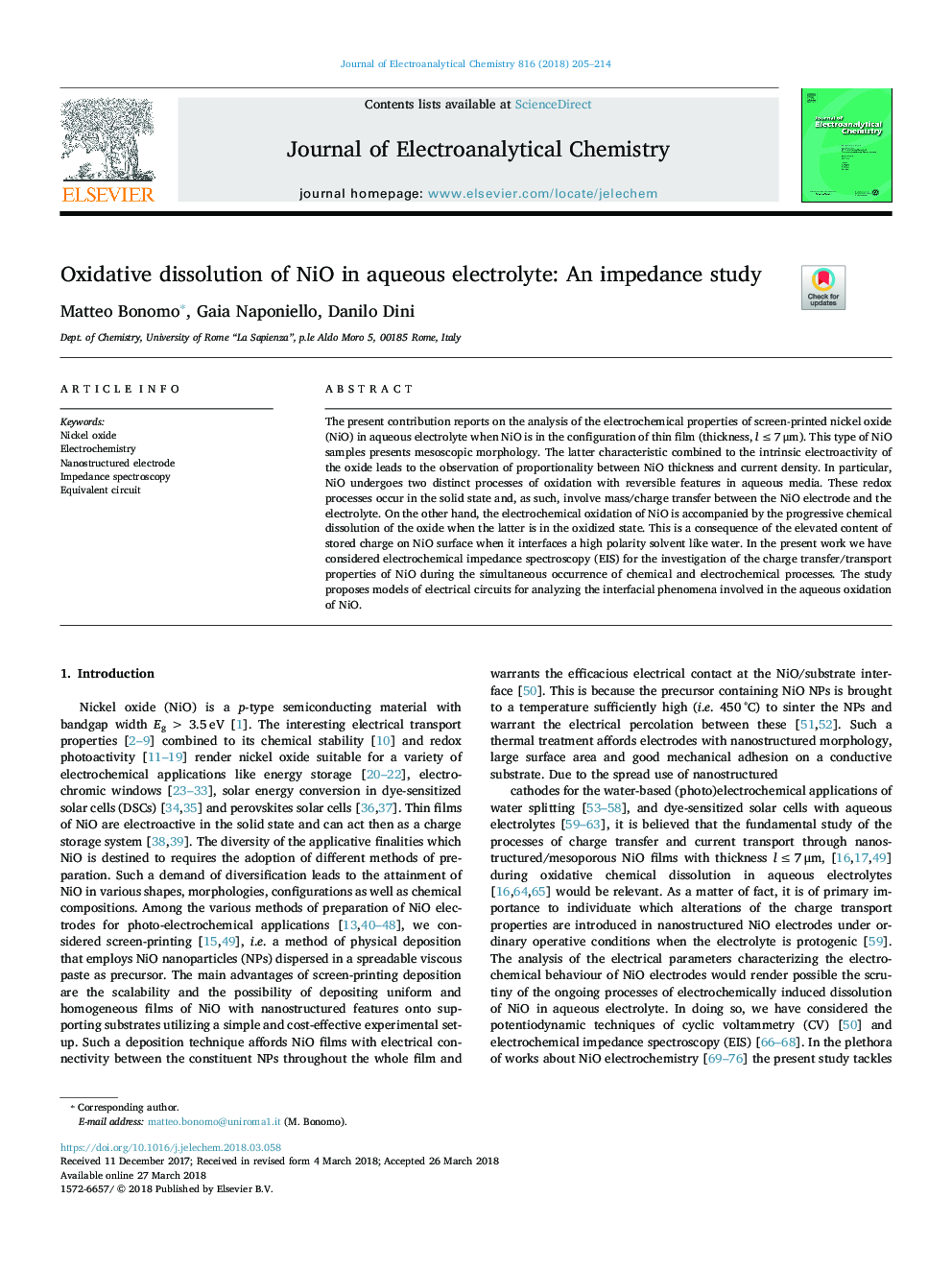 Oxidative dissolution of NiO in aqueous electrolyte: An impedance study