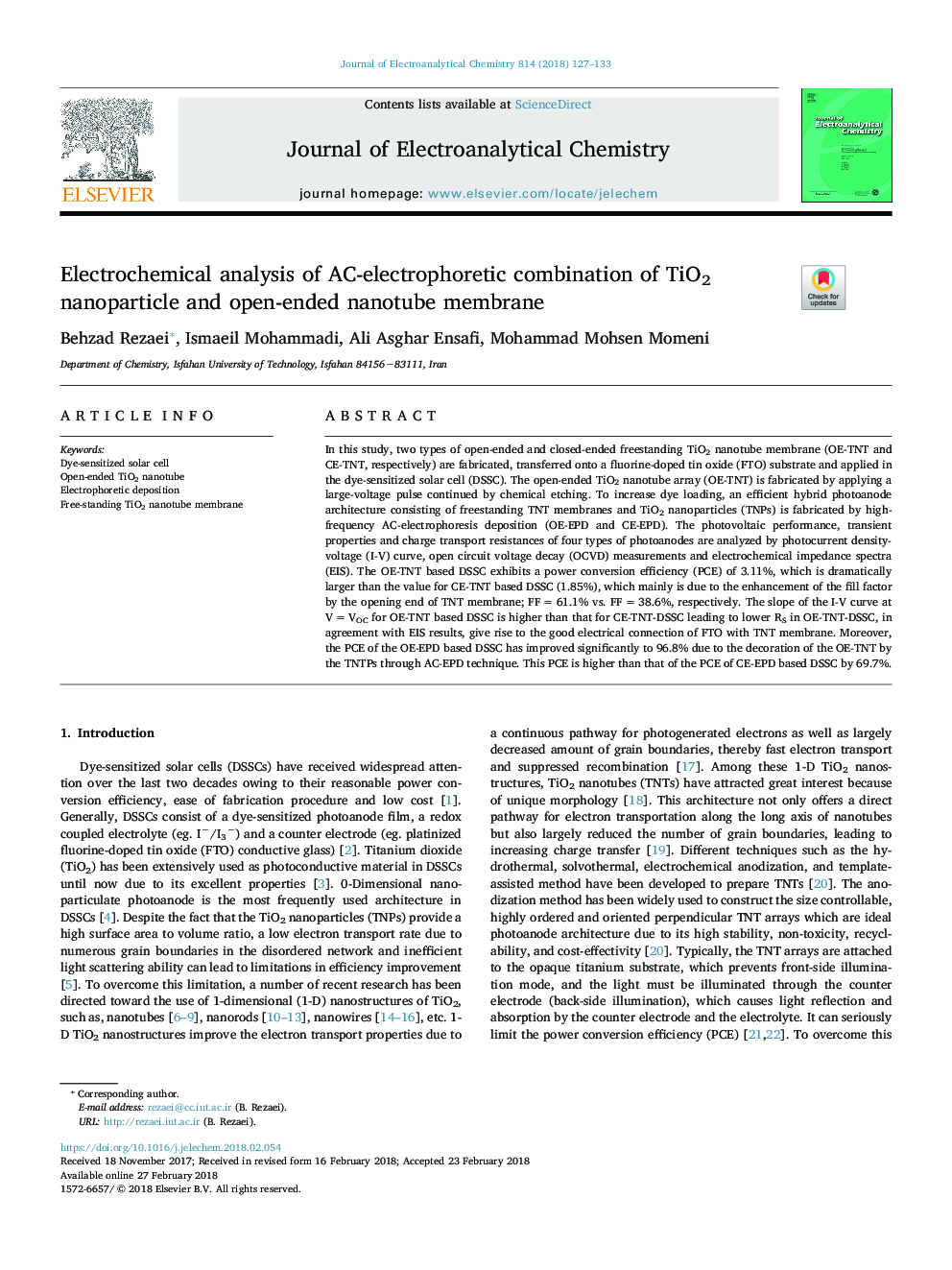 Electrochemical analysis of AC-electrophoretic combination of TiO2 nanoparticle and open-ended nanotube membrane