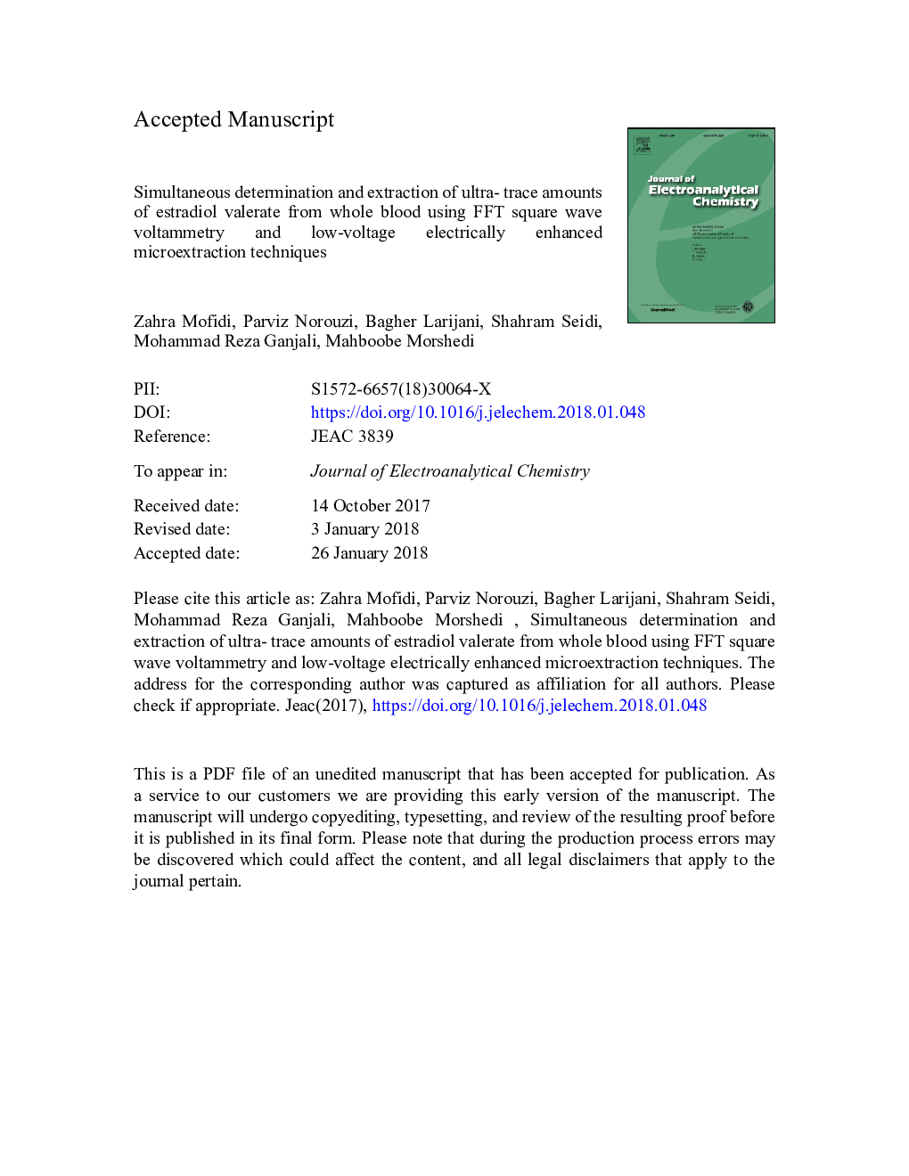 Simultaneous determination and extraction of ultra- trace amounts of estradiol valerate from whole blood using FFT square wave voltammetry and low-voltage electrically enhanced microextraction techniques