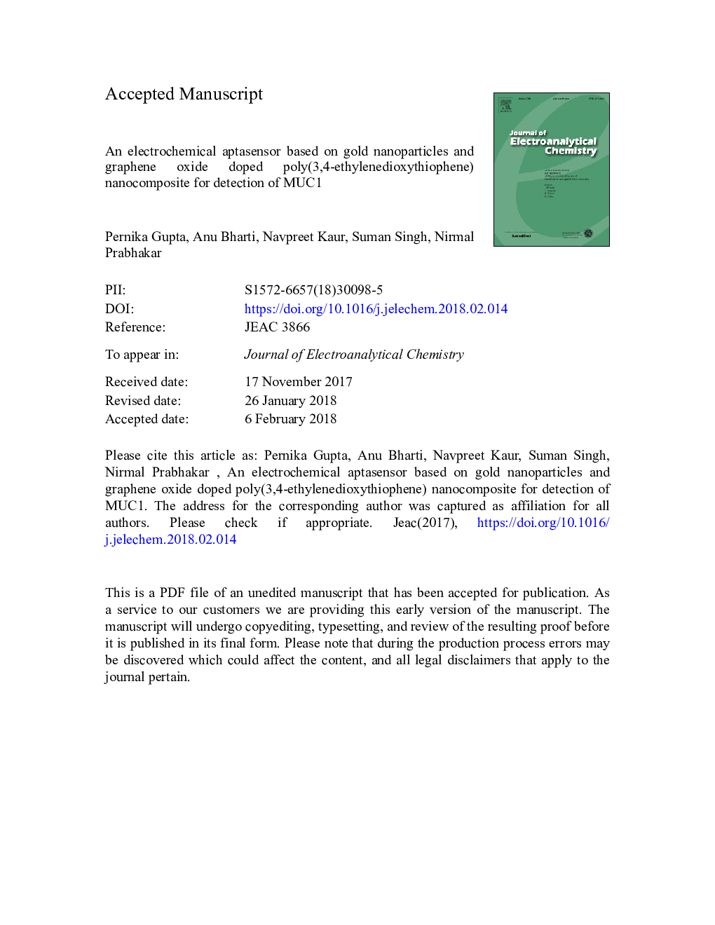 An electrochemical aptasensor based on gold nanoparticles and graphene oxide doped poly(3,4-ethylenedioxythiophene) nanocomposite for detection of MUC1