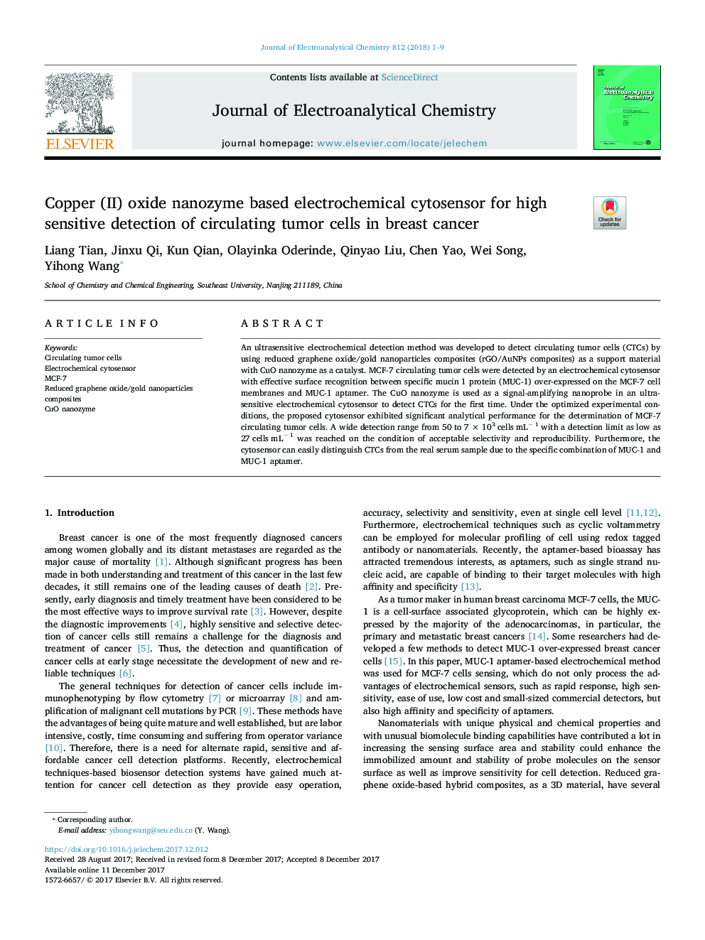 Copper (II) oxide nanozyme based electrochemical cytosensor for high sensitive detection of circulating tumor cells in breast cancer